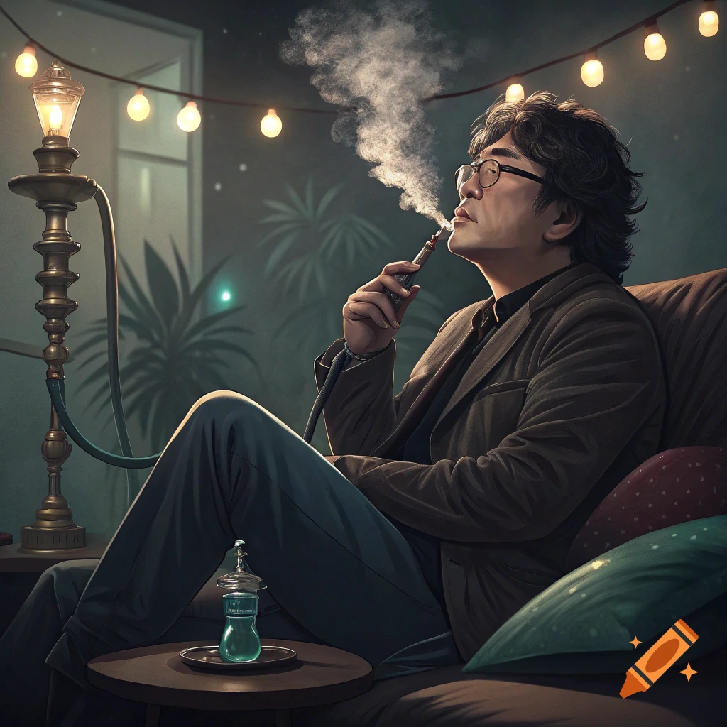 A man with glasses sits on a couch smoking a hookah, lit by string lights and a lamp.