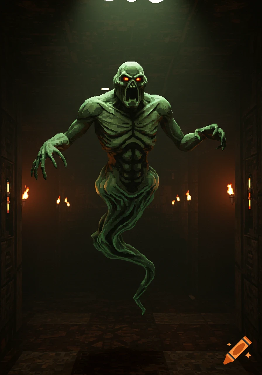 Green pixelated specter with glowing eyes floating in a dark corridor with torches, retro video game style.