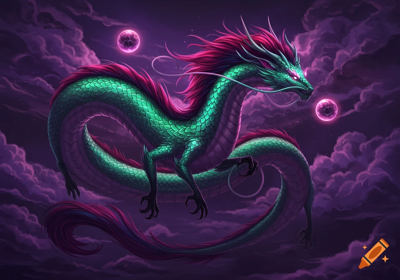 A green and pink dragon flies through purple clouds among glowing pink orbs.