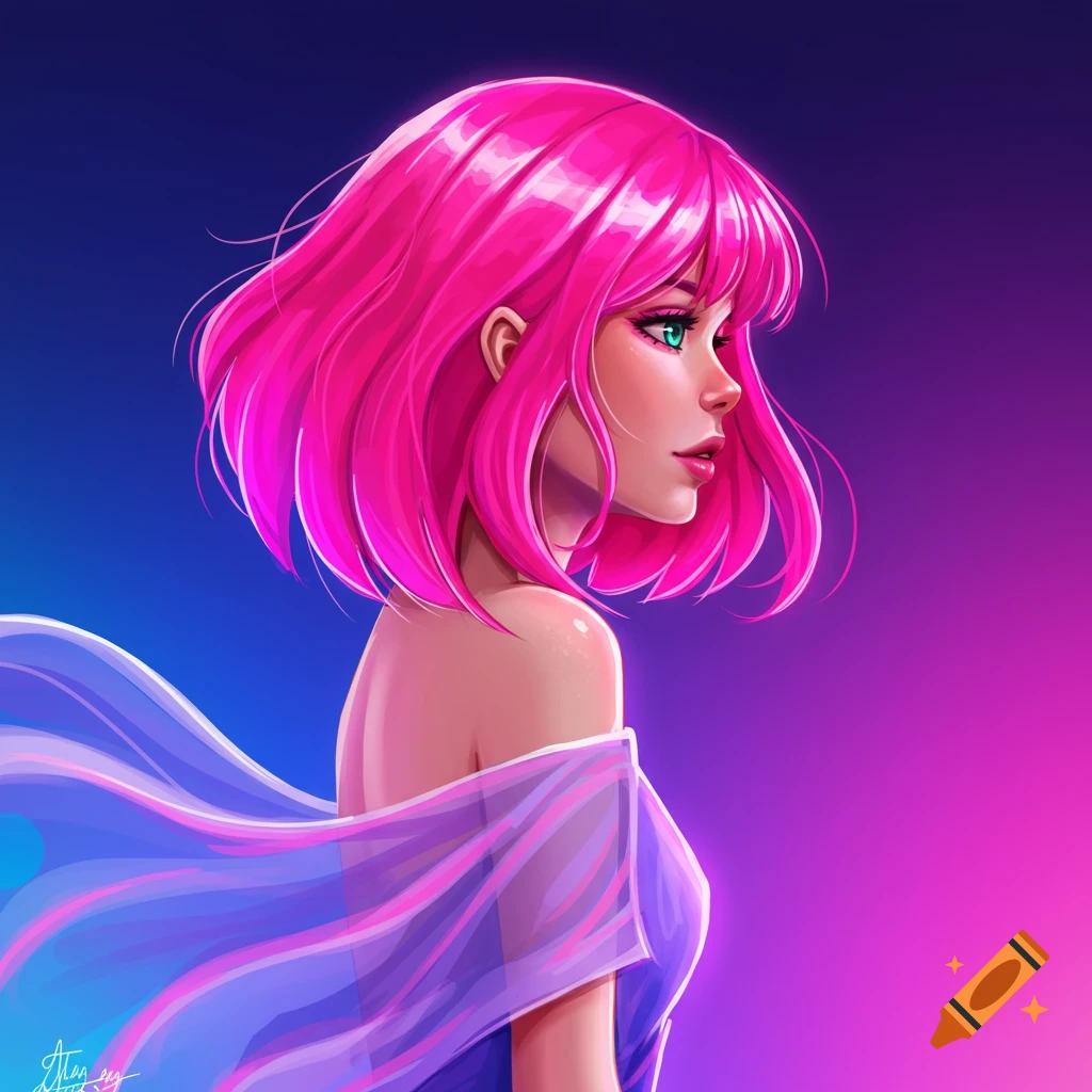 A portrait of a woman with bright pink hair and blue eyes, wearing a flowing purple dress.