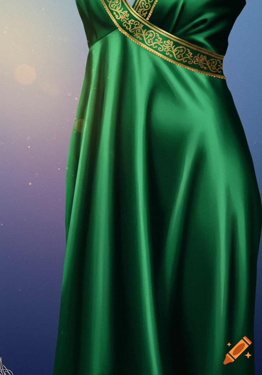 A draped green dress with gold trim.