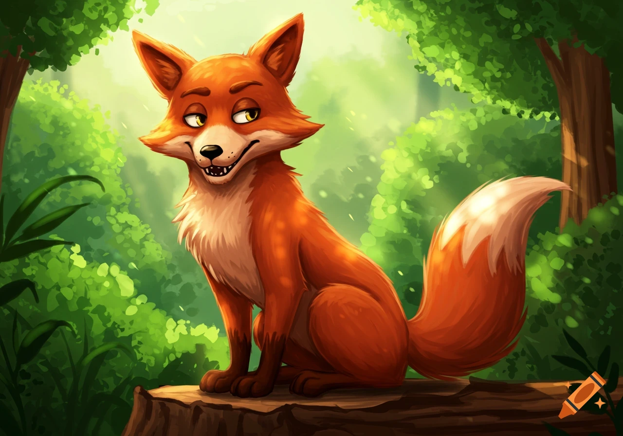 A cartoon fox with a sly expression sits on a log in a forest.
