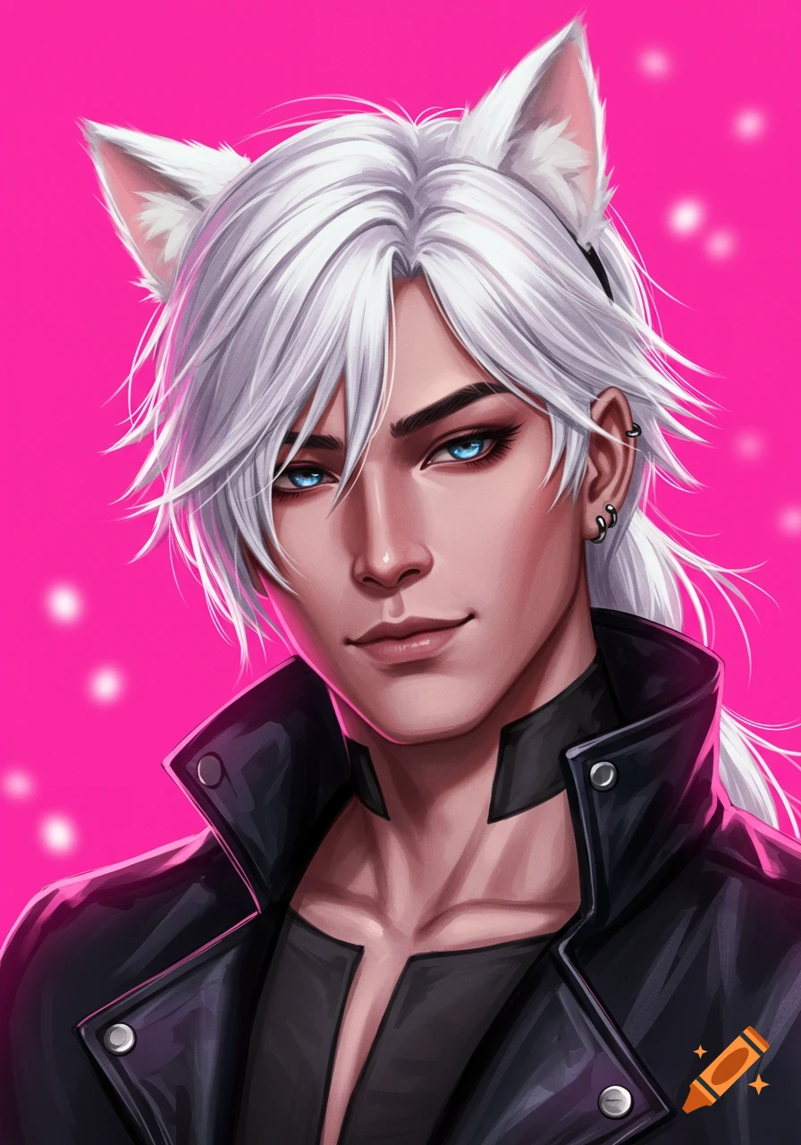 A person with white hair and cat ears wearing a black jacket.