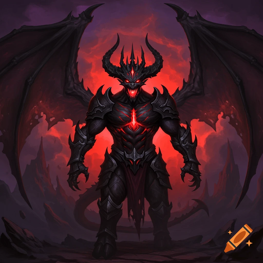 A powerful demon king stands in obsidian armor with red glowing eyes, mouth, and chest, featuring large wings and multiple horns.