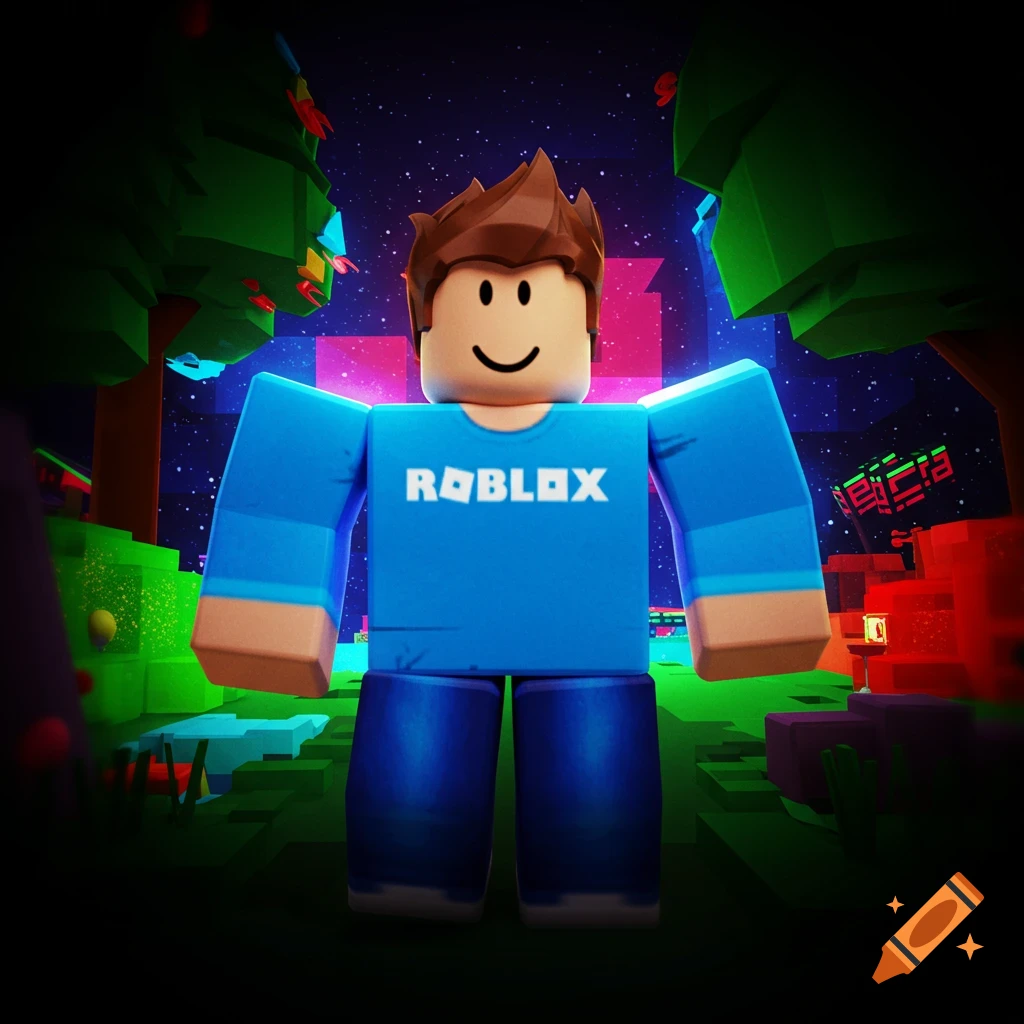 A blocky character in a blue ROBLOX shirt stands in a colorful, blocky game world.