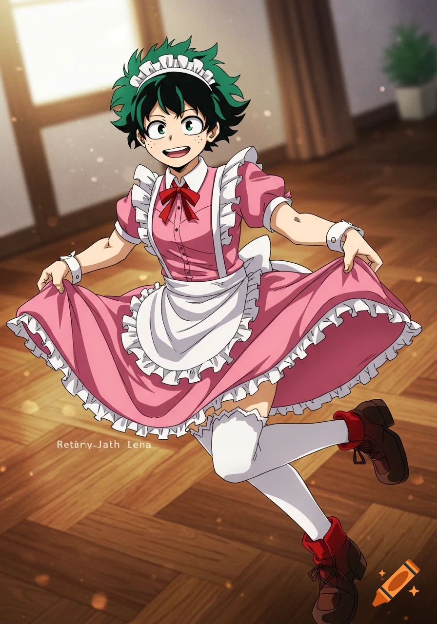 Anime character resembling Deku in a pink maid dress skipping.