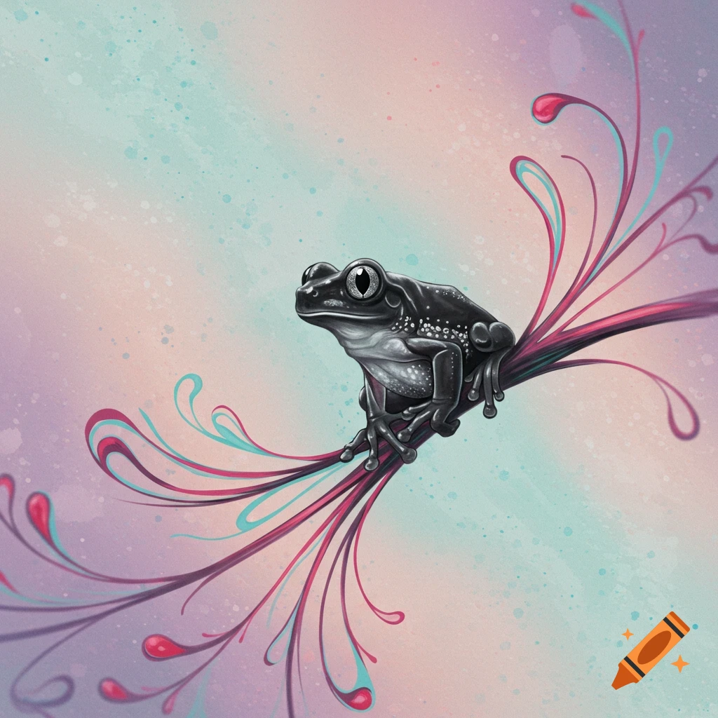 Illustration of a black frog on a vibrant, swirling abstract branch with pastel and colorful background.
