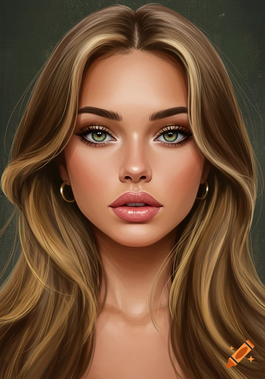 Close-up of a woman's face with long wavy hair, green eyes, and pouty lips.
