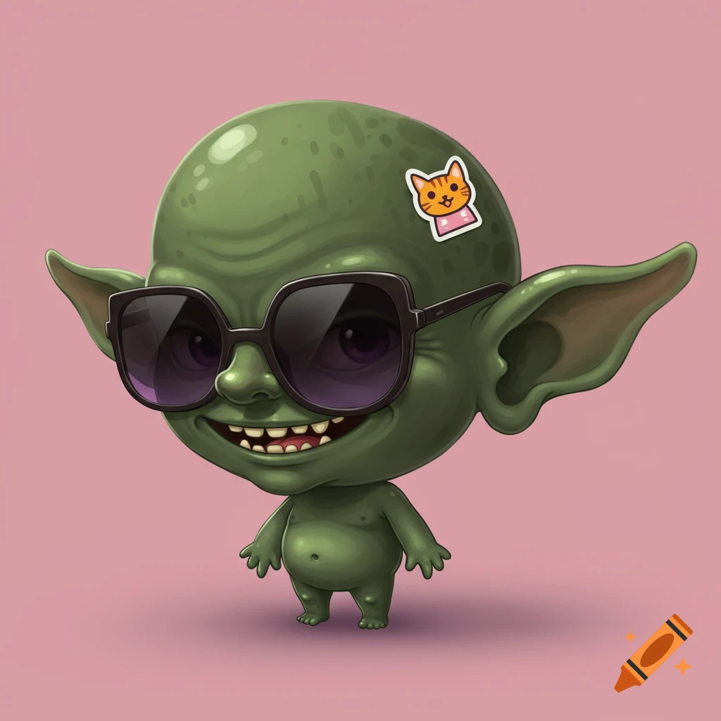 A cute cartoon goblin wearing sunglasses with a cat sticker on its head.