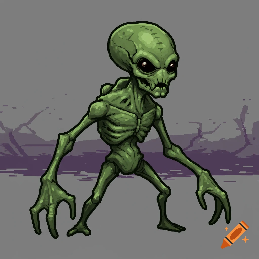An illustration of a green, skeletal alien with large eyes and long fingers standing against a pixelated background.