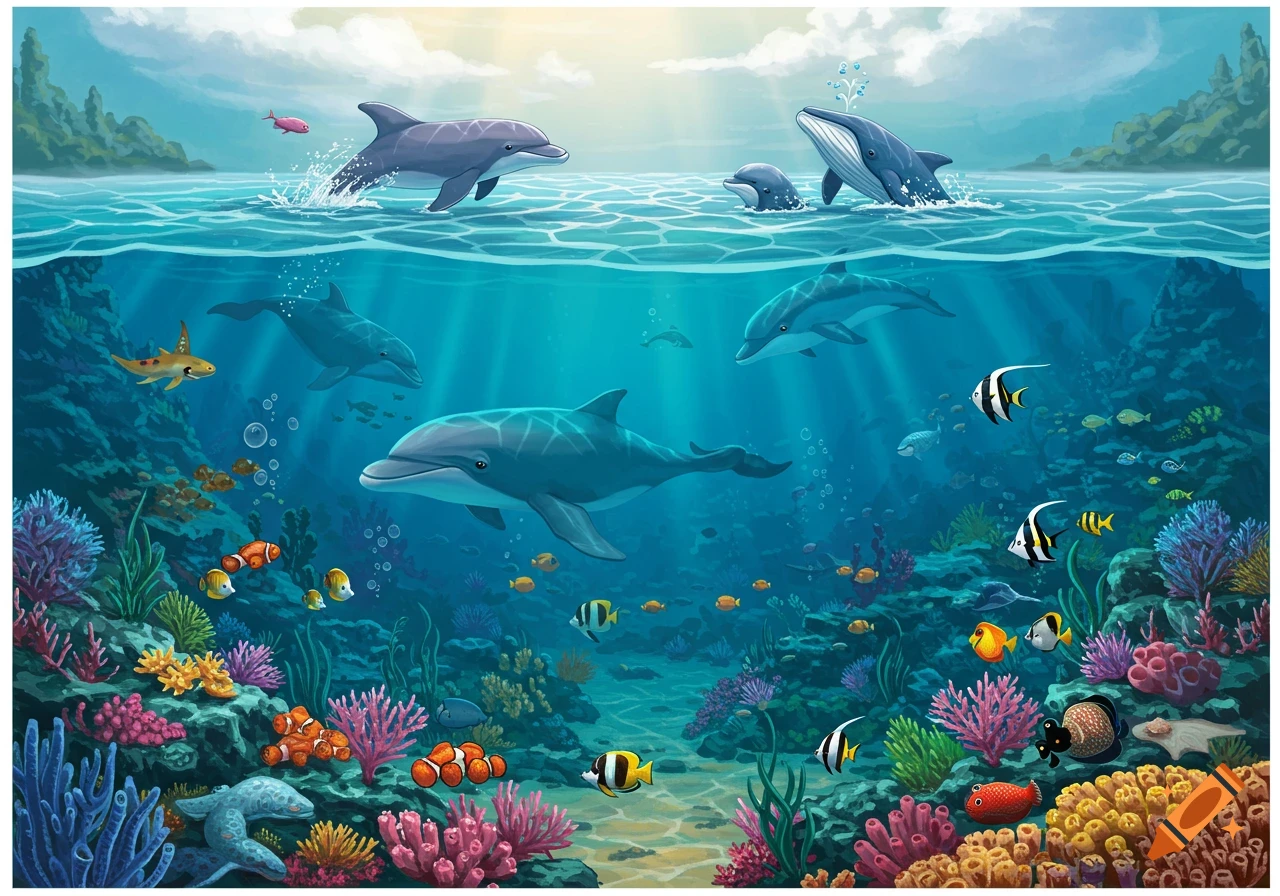 Dolphins and a whale swim above a colorful coral reef with diverse fish in clear blue water.