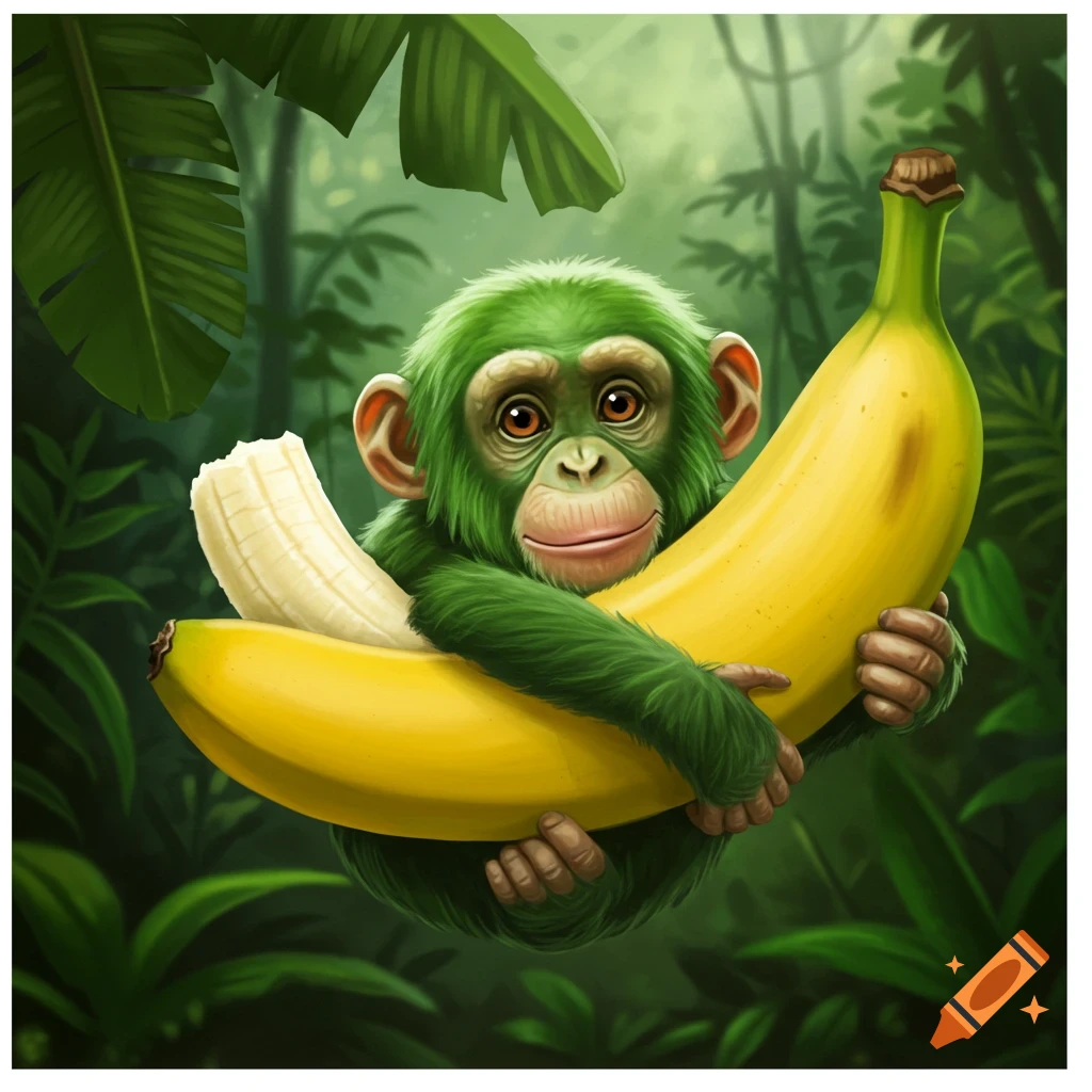 A green-furred chimpanzee holding a large banana in a jungle.