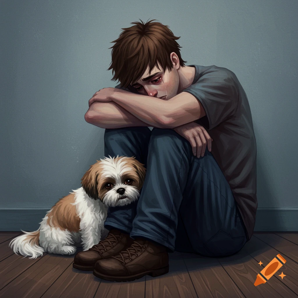 A sad young man sits on the floor with his Shih Tzu dog.