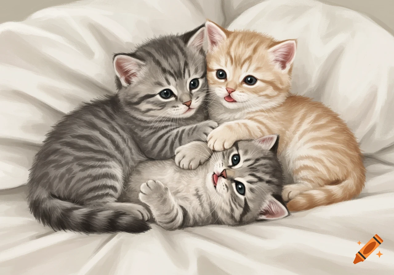 Three cute kittens cuddling on a bed