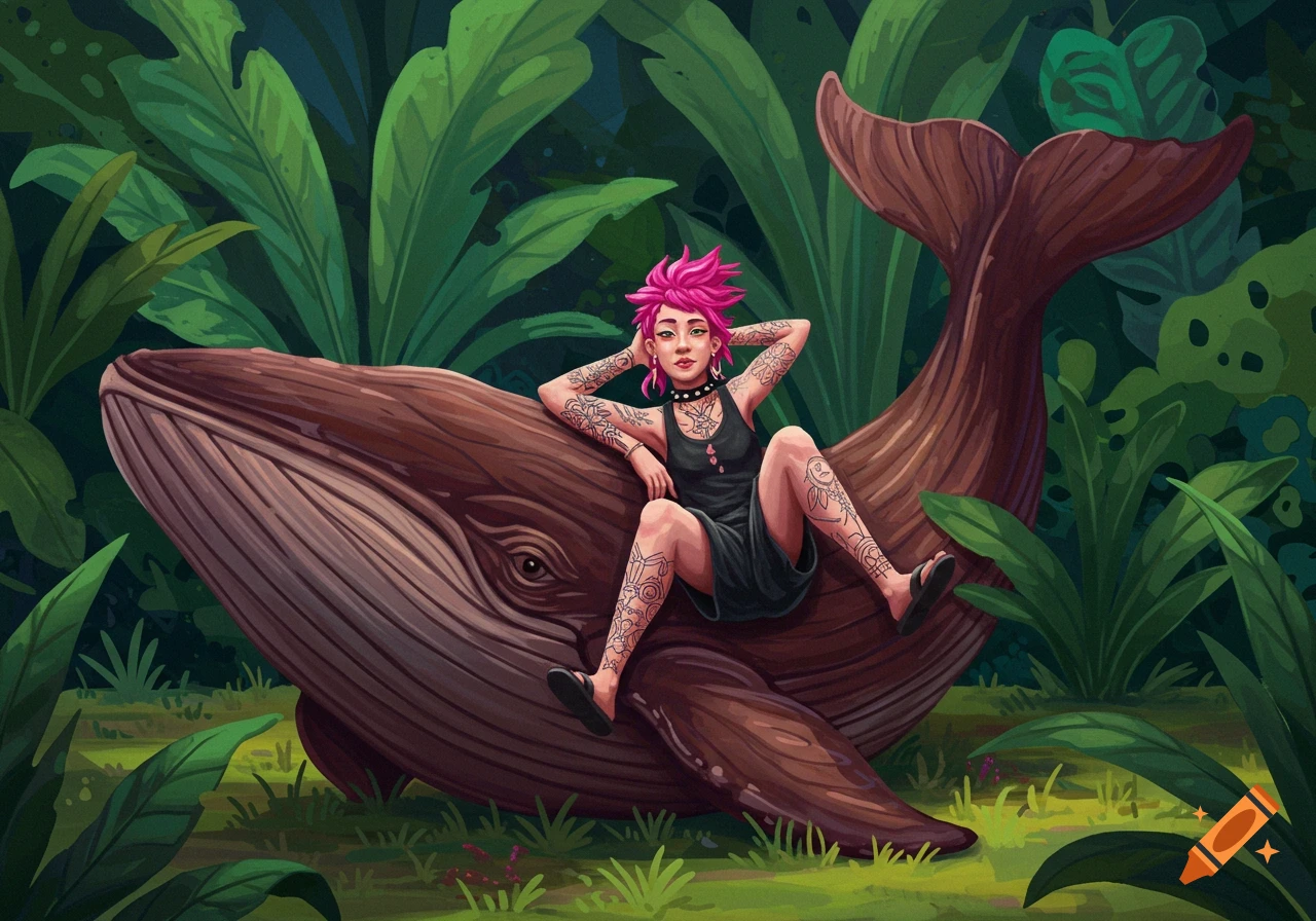 A person with pink hair and tattoos is sitting on a whale in a jungle.