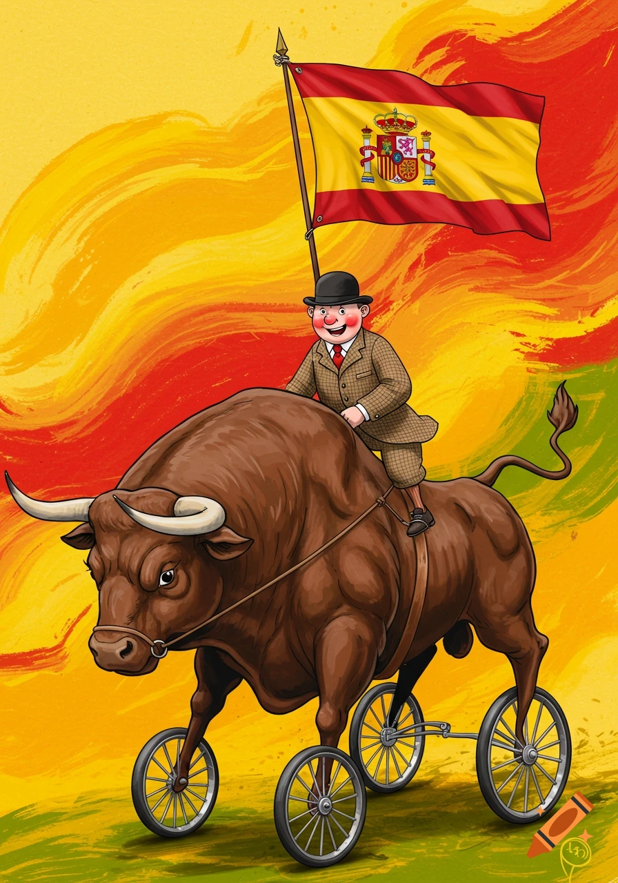 A cartoon man rides a brown bull on wheels while holding a Spanish flag.