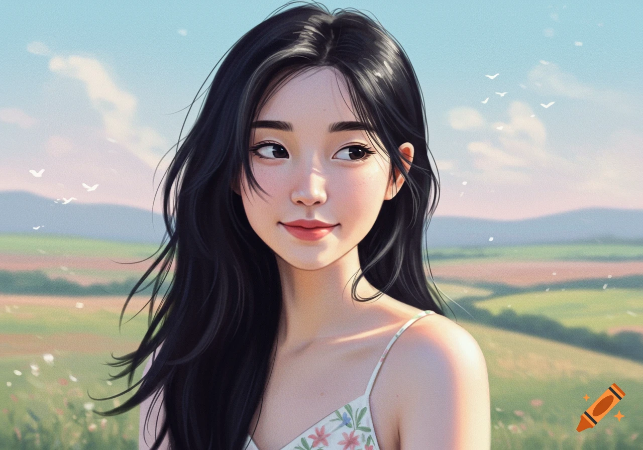 A young woman with dark hair smiles in a sunny field.