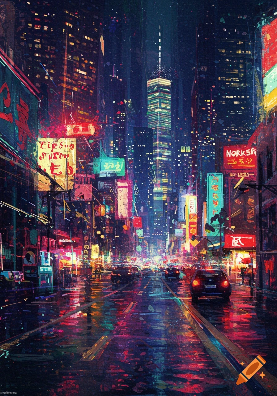 Stylized painting of a rain-slicked city street at night with neon lights and blurred cars.