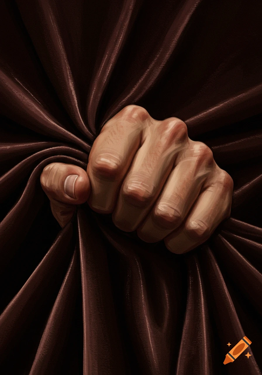 A hand gripping dark brown fabric.