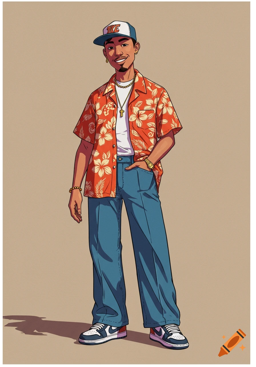 A stylized illustration of a person wearing a Hawaiian shirt, wide jeans, cap, and sneakers.