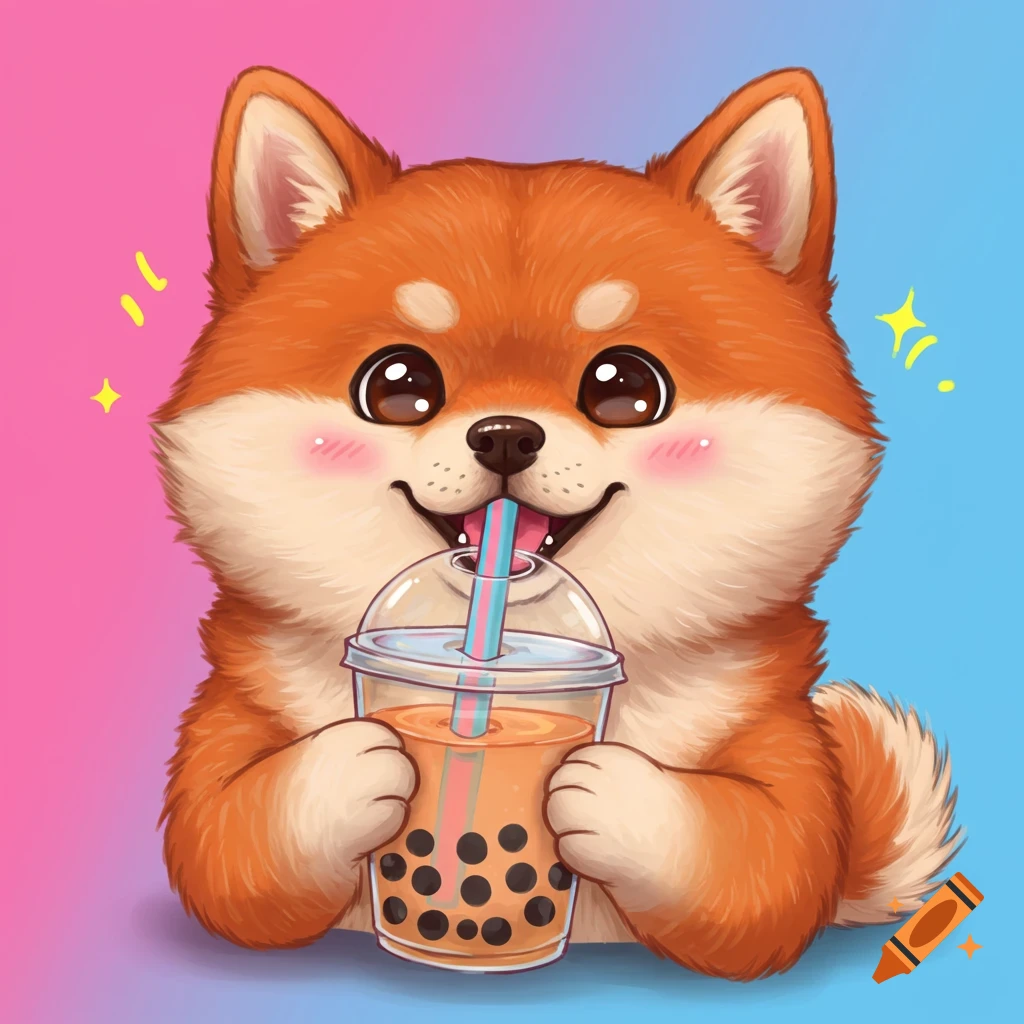 A cute Shiba Inu dog drinking bubble tea