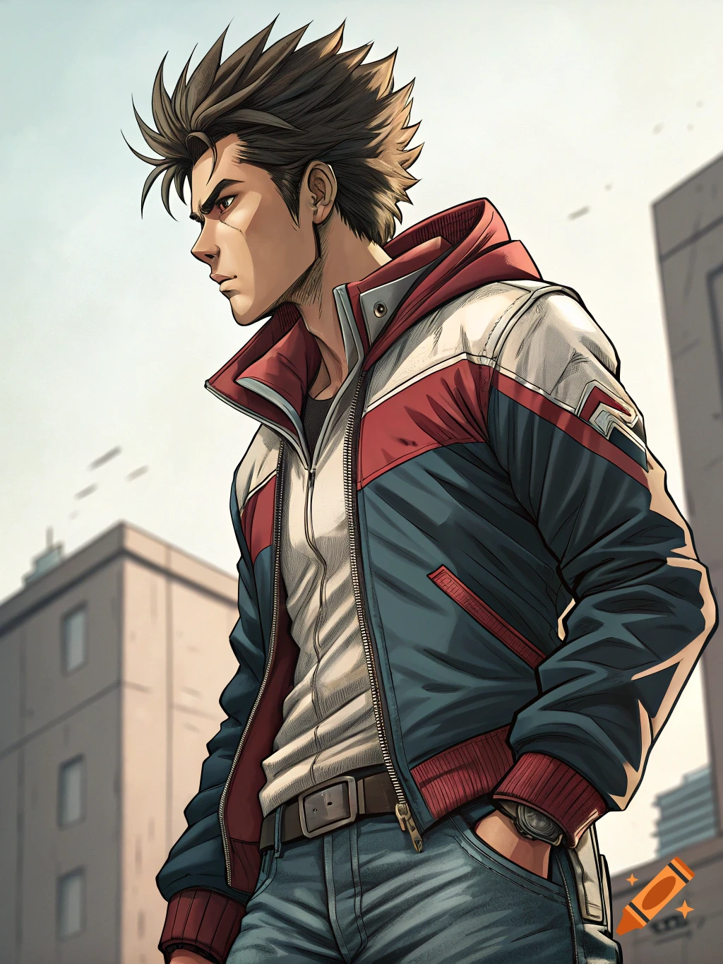 Anime style portrait of a man in a red, white, and blue jacket in an urban setting.
