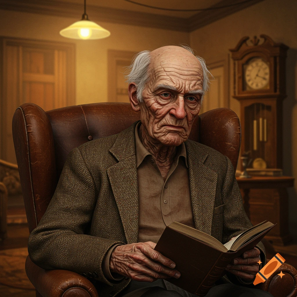 A very old man sitting in a leather chair, reading a book.