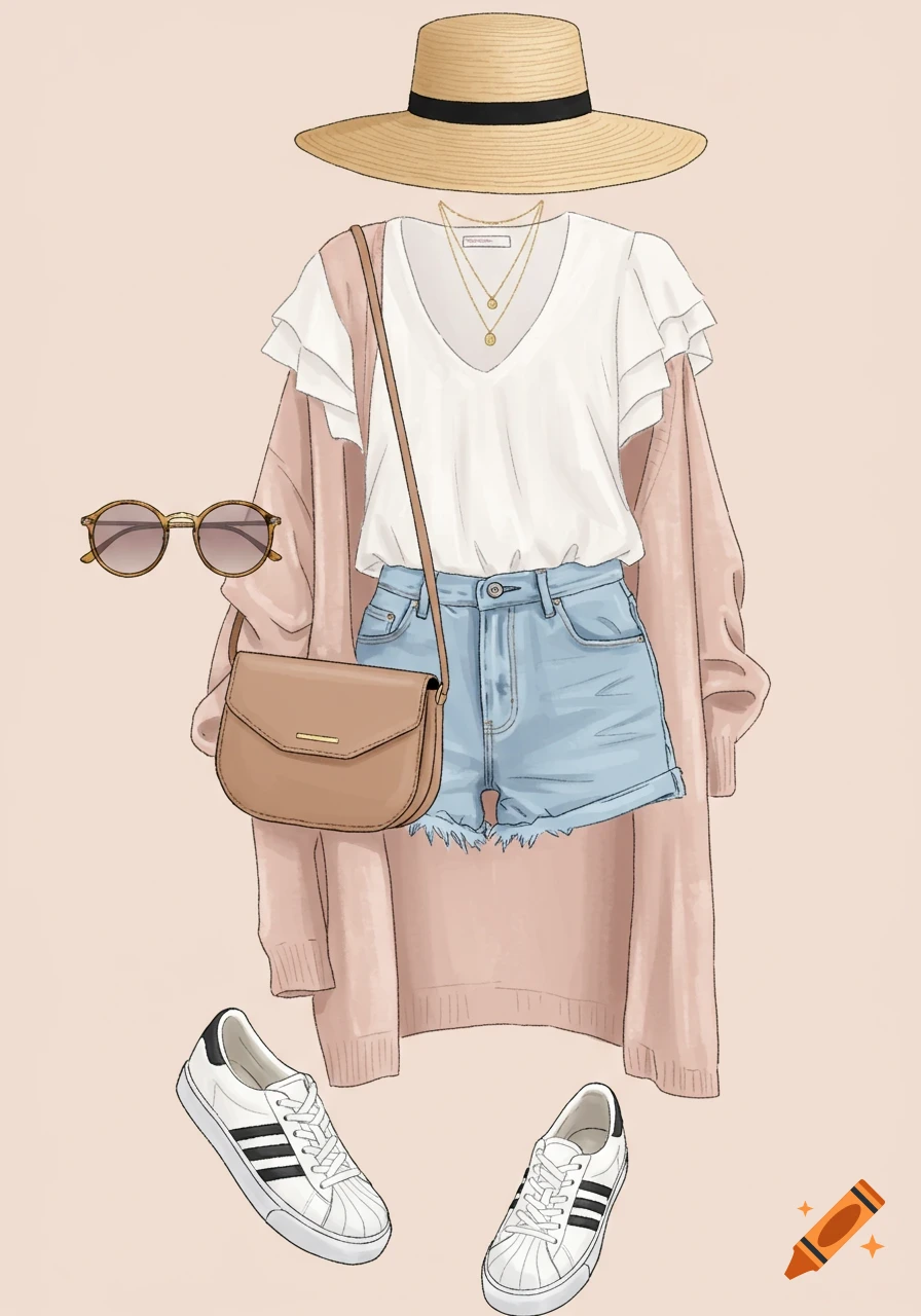 Digital illustration of a summer outfit: straw hat, pink cardigan, white top, denim shorts, sneakers, sunglasses, and bag.