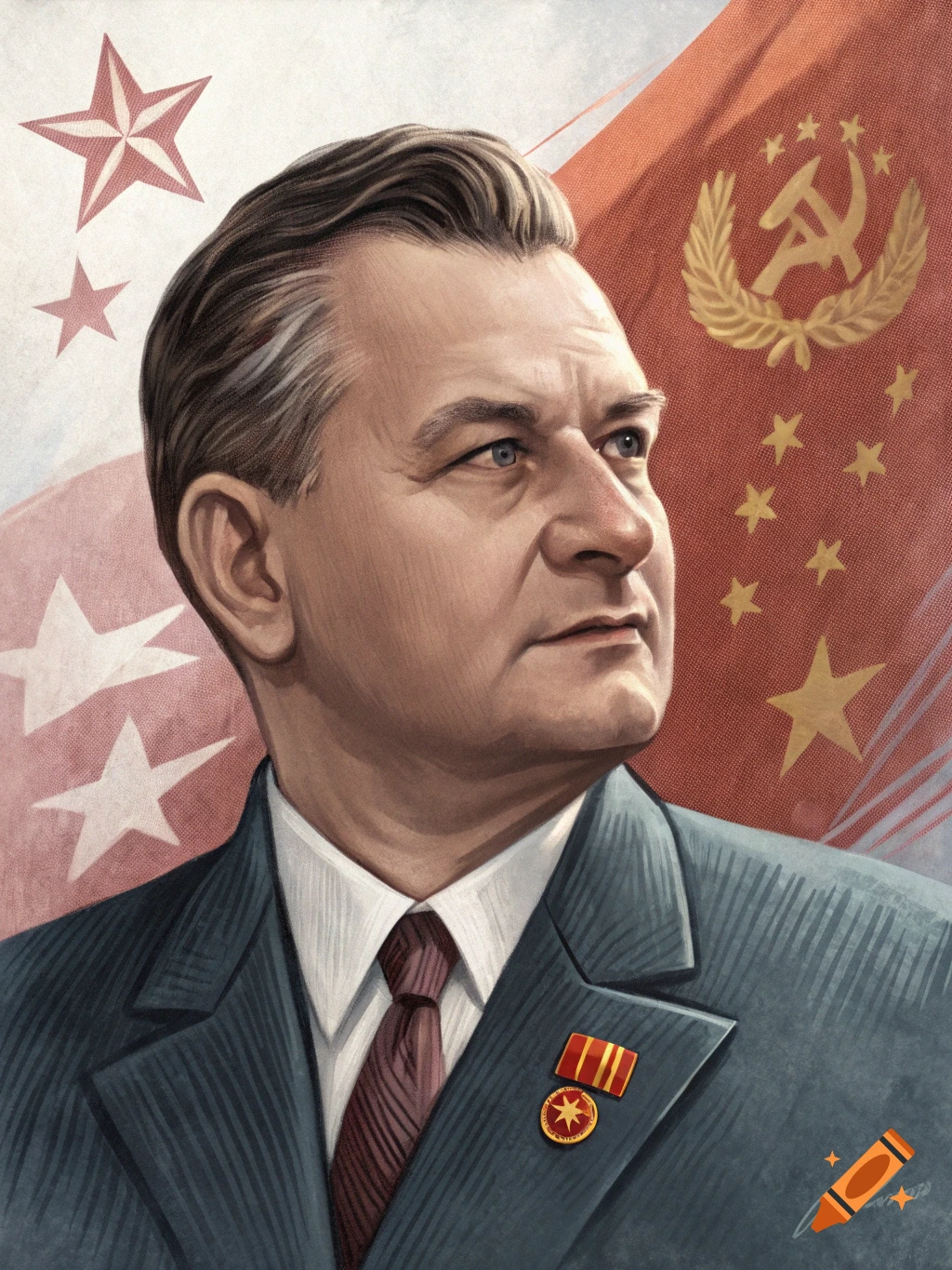 Portrait of a man in a suit with medals against a backdrop of stars and a red flag with a hammer and sickle.