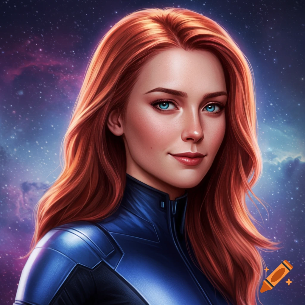 Portrait of a woman with red hair in a blue suit against a cosmic background.
