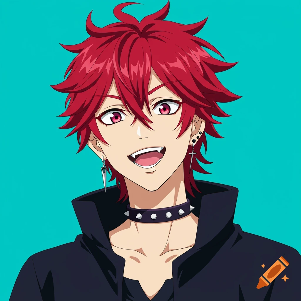 Anime portrait of a character with spiky red hair, fangs, and a spiked choker