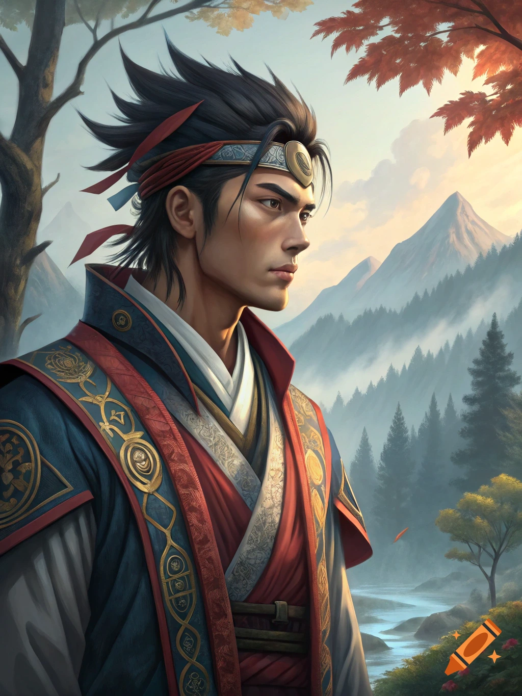 Anime-style portrait of a warrior in ornate clothing looking out over a misty mountain landscape.