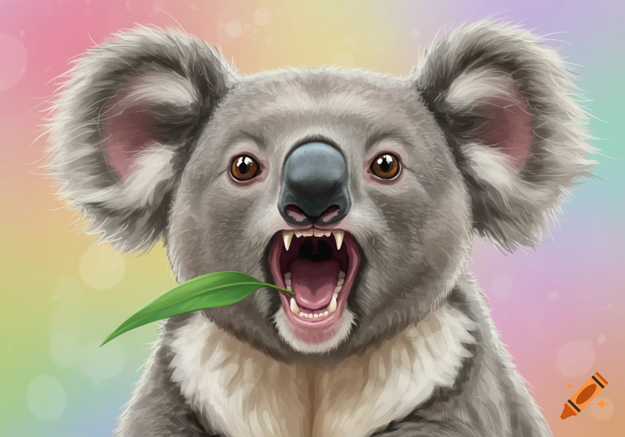 Close-up of a roaring koala bear holding a leaf against a colorful background