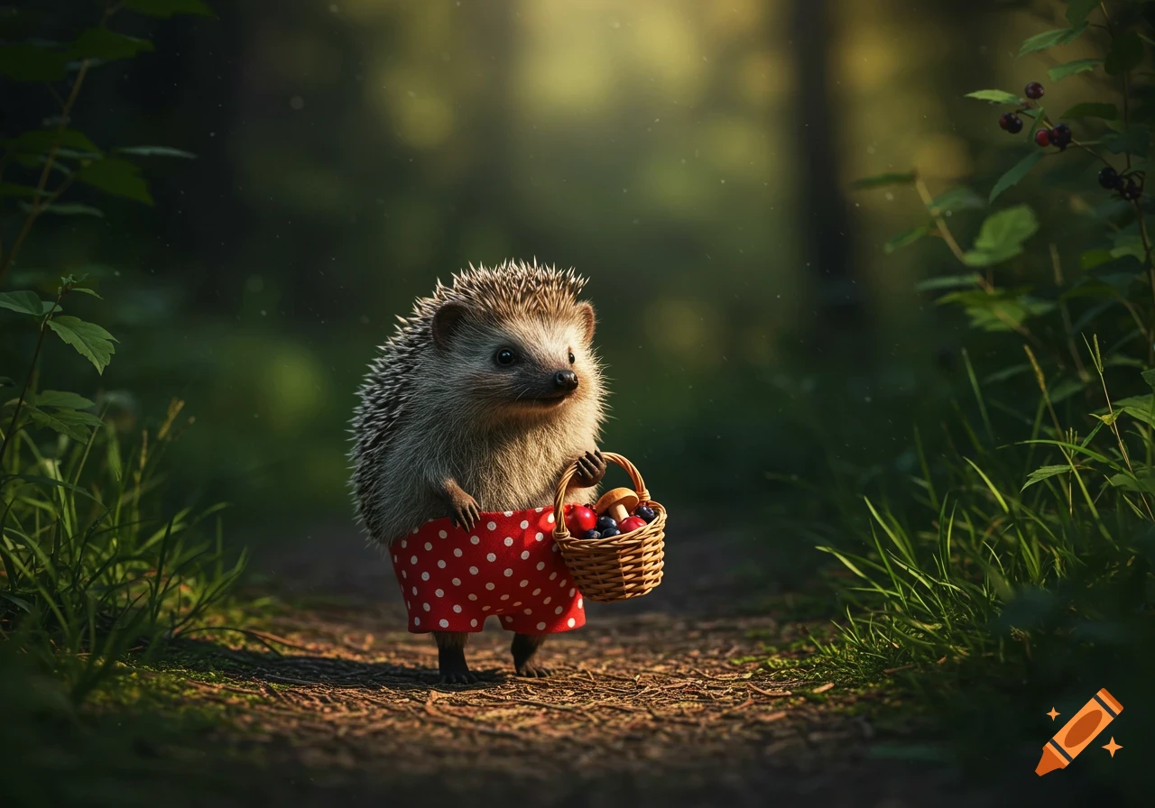 A hedgehog in red polka dot shorts walks along a path carrying a basket of berries and mushrooms in a forest.
