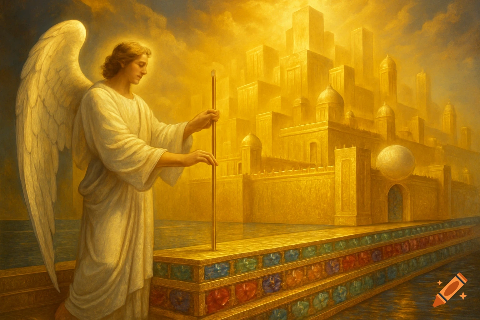 An angel with a measuring rod overlooks a golden city under a vibrant sky.