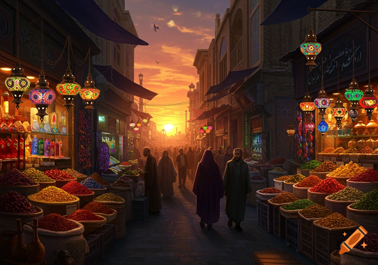 A vibrant scene showing a colorful market bustling with people, spices, and lanterns under a sunset sky.