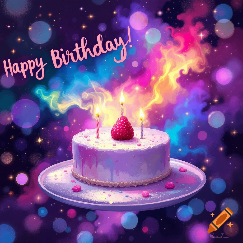 Vibrant birthday cake with candles and 'Happy Birthday!' text, against a starry bokeh background.