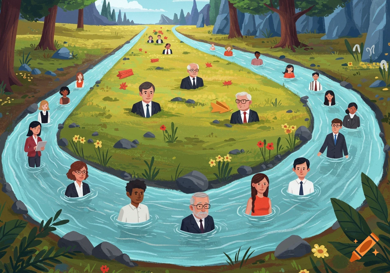 A digital illustration of diverse people in a river flowing through a landscape, representing a stakeholder pipeline.