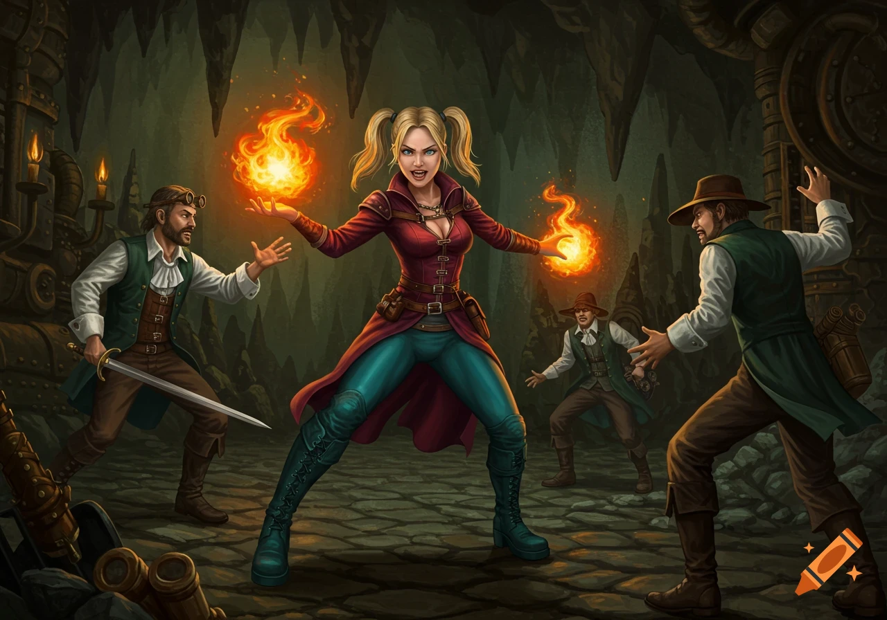 A blonde female rogue casts fire spells at two male rogues in a steampunk fantasy cave. Illustration.