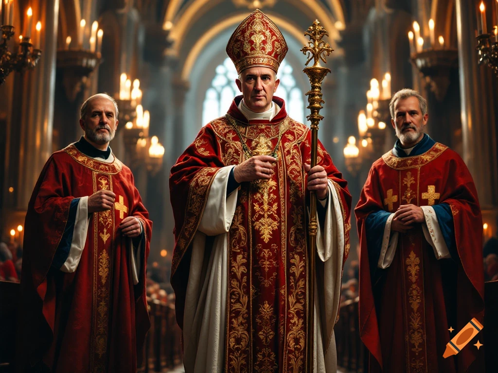 A Pope and two deacons in rich red and gold vestments stand in a grand, candlelit cathedral.