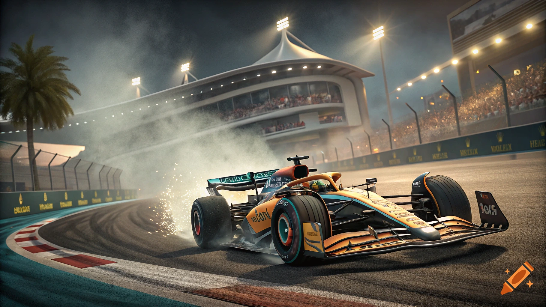 An orange race car spins on a track, kicking up smoke and sparks in a stadium at night.