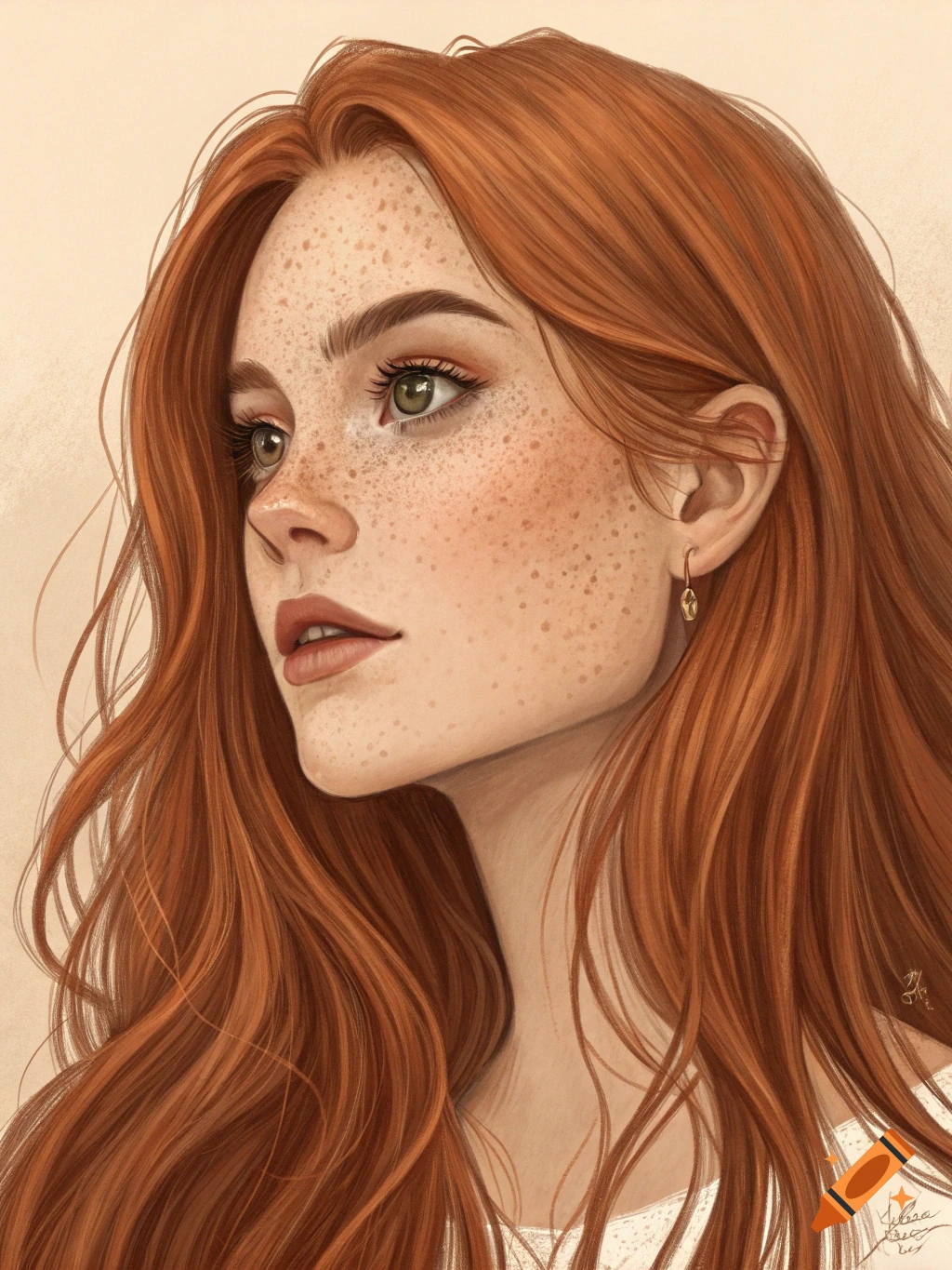 Digital art portrait of a young woman with long red hair and freckles looking upwards.