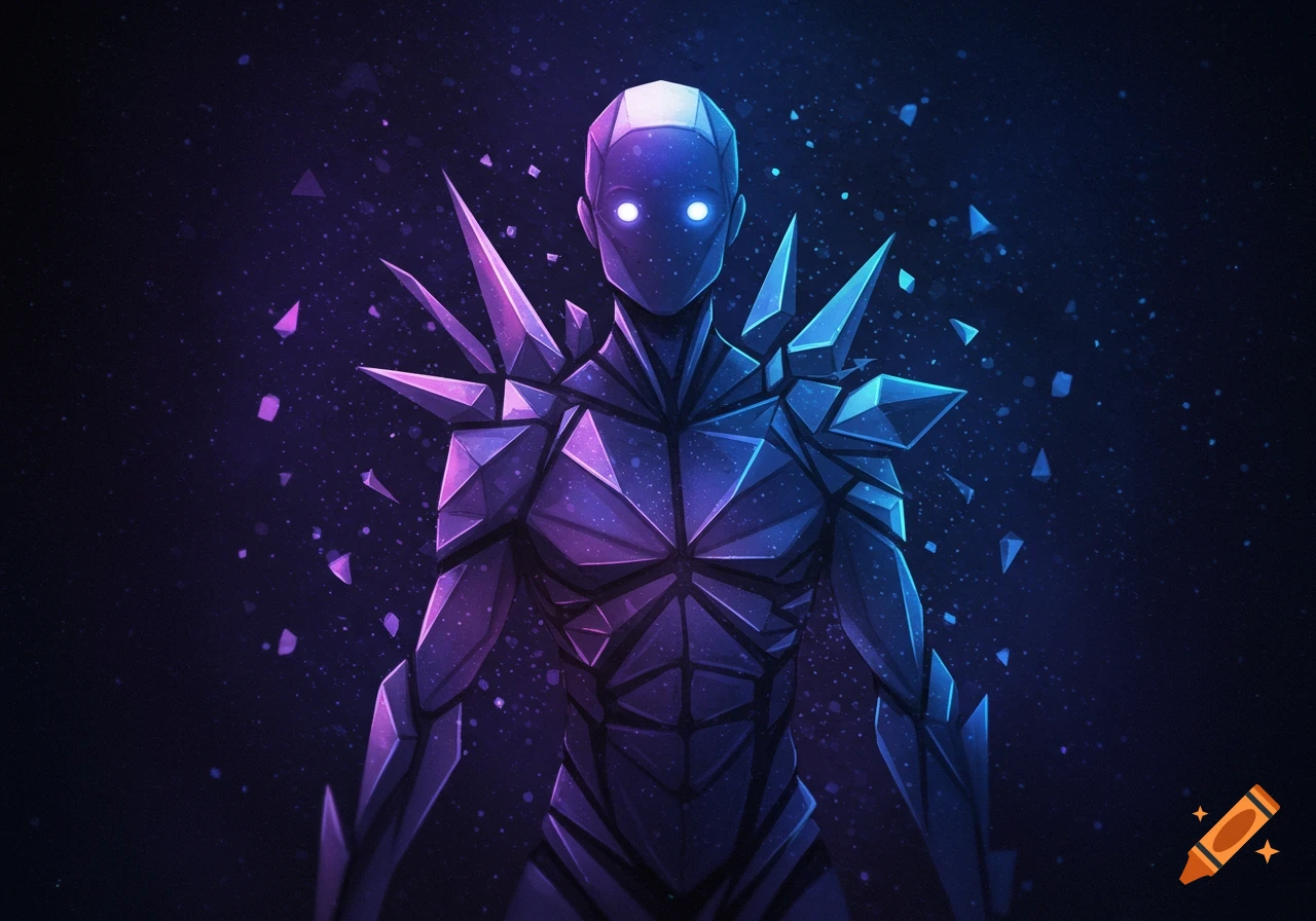 Geometric humanoid figure glowing in blue and purple light against a dark cosmic background.