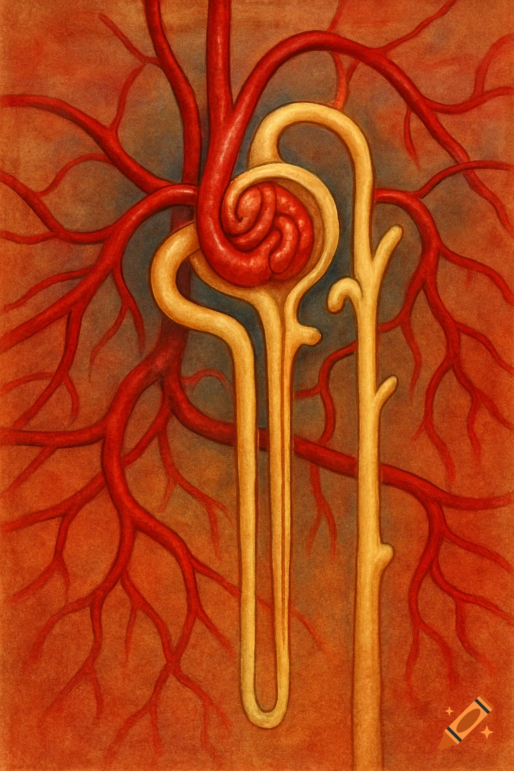 Image of a nephron and surrounding blood vessels.