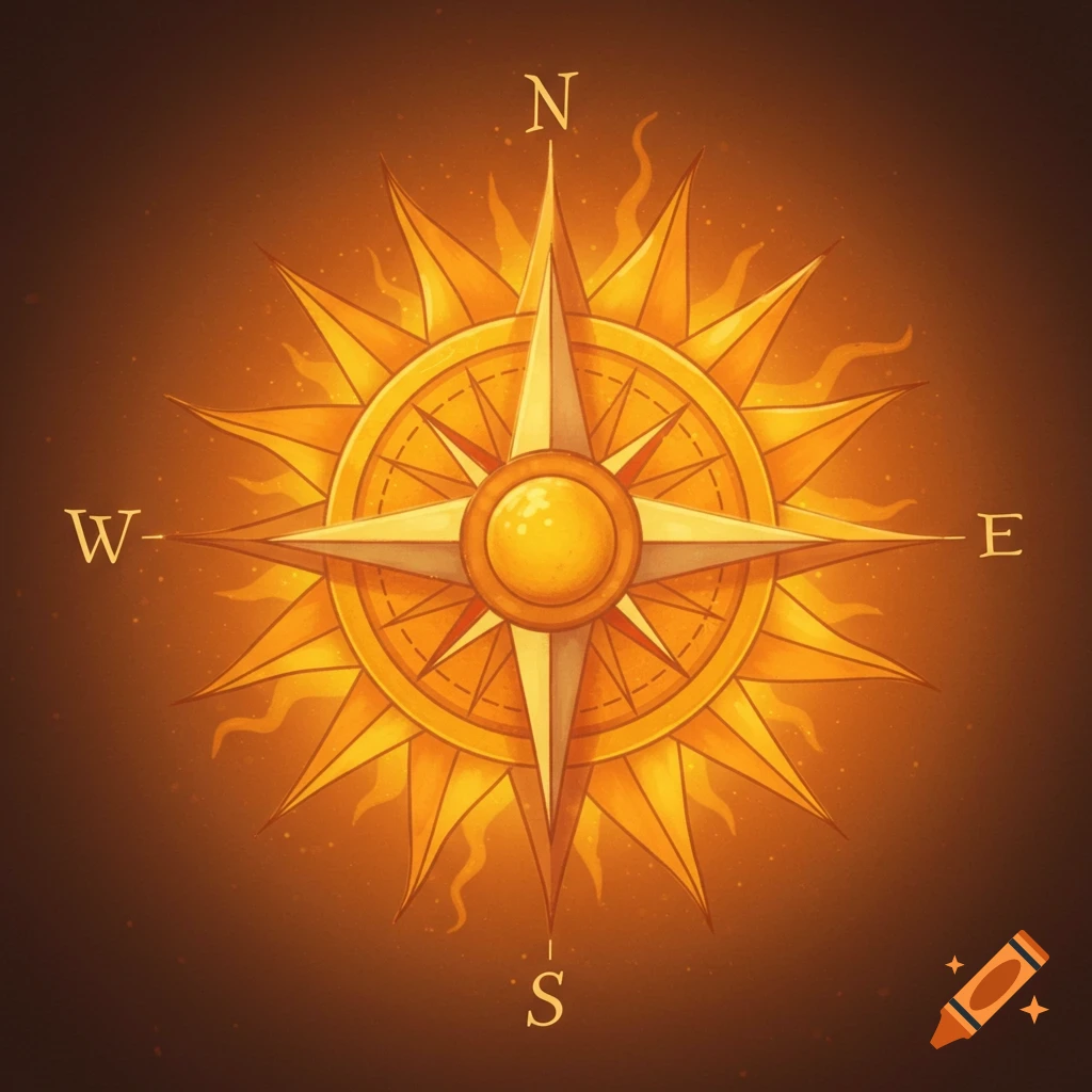 A compass rose designed as a golden sun with cardinal directions N, W, E, S.