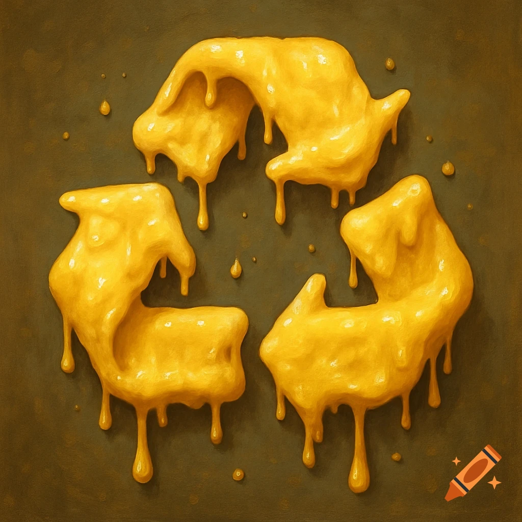 A recycling logo made of dripping yellow custard.