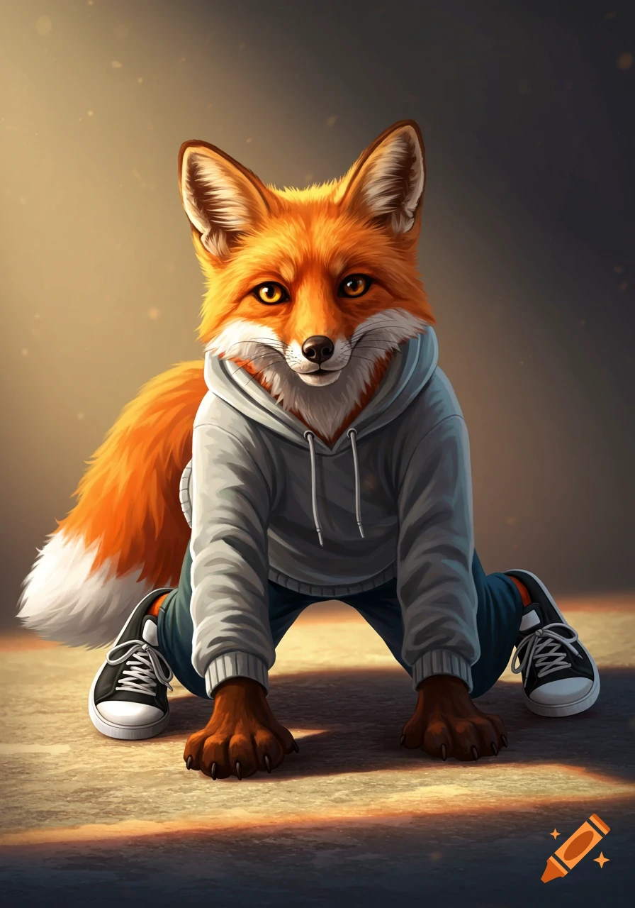 An orange fox on all fours, wearing a grey hoodie and black sneakers.