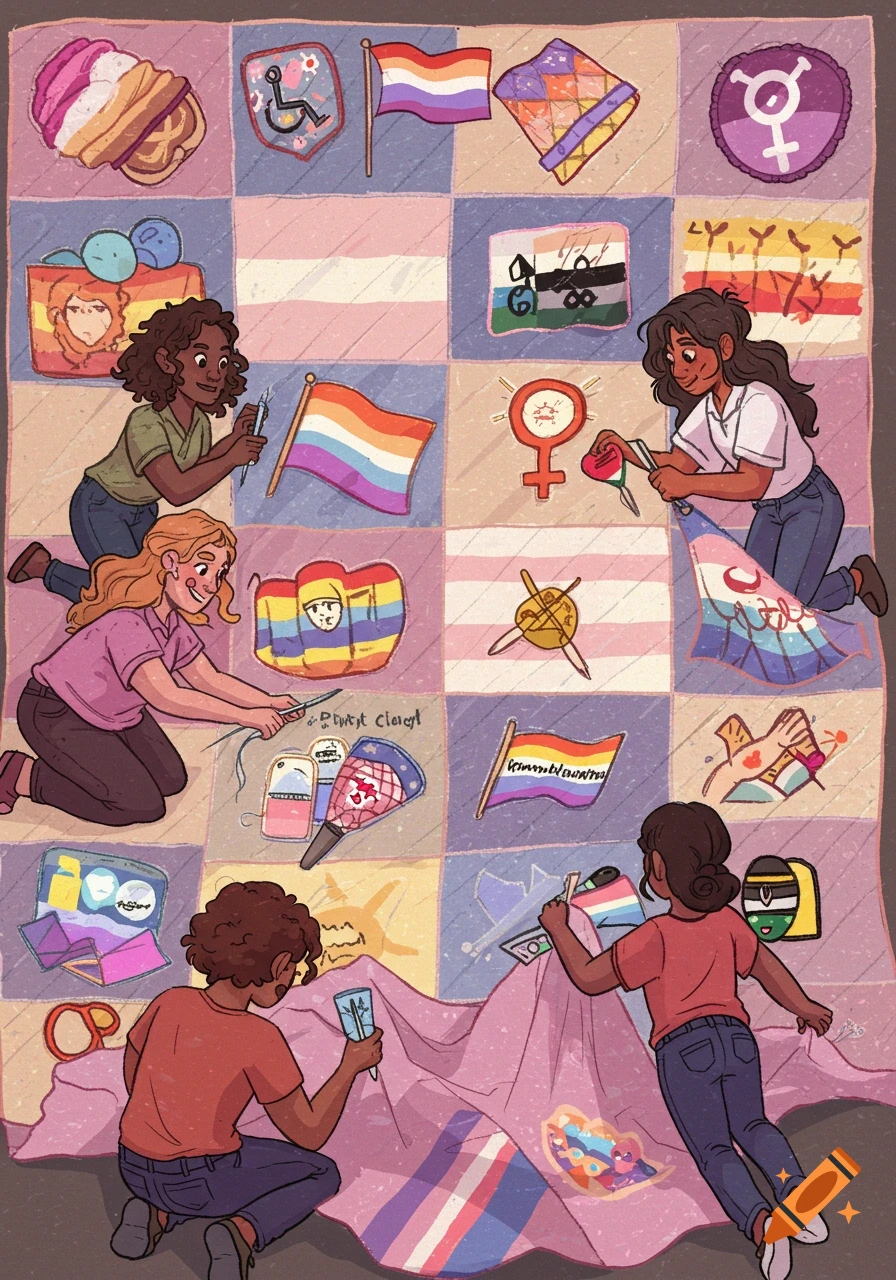 Digital illustration of people sewing a quilt with patches featuring various LGBTQ+ symbols.