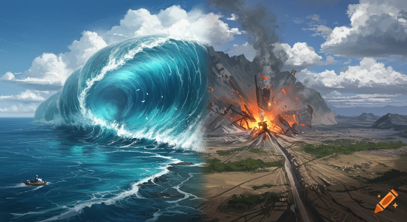 A giant tsunami on the left and an earthquake causing destruction on the right.