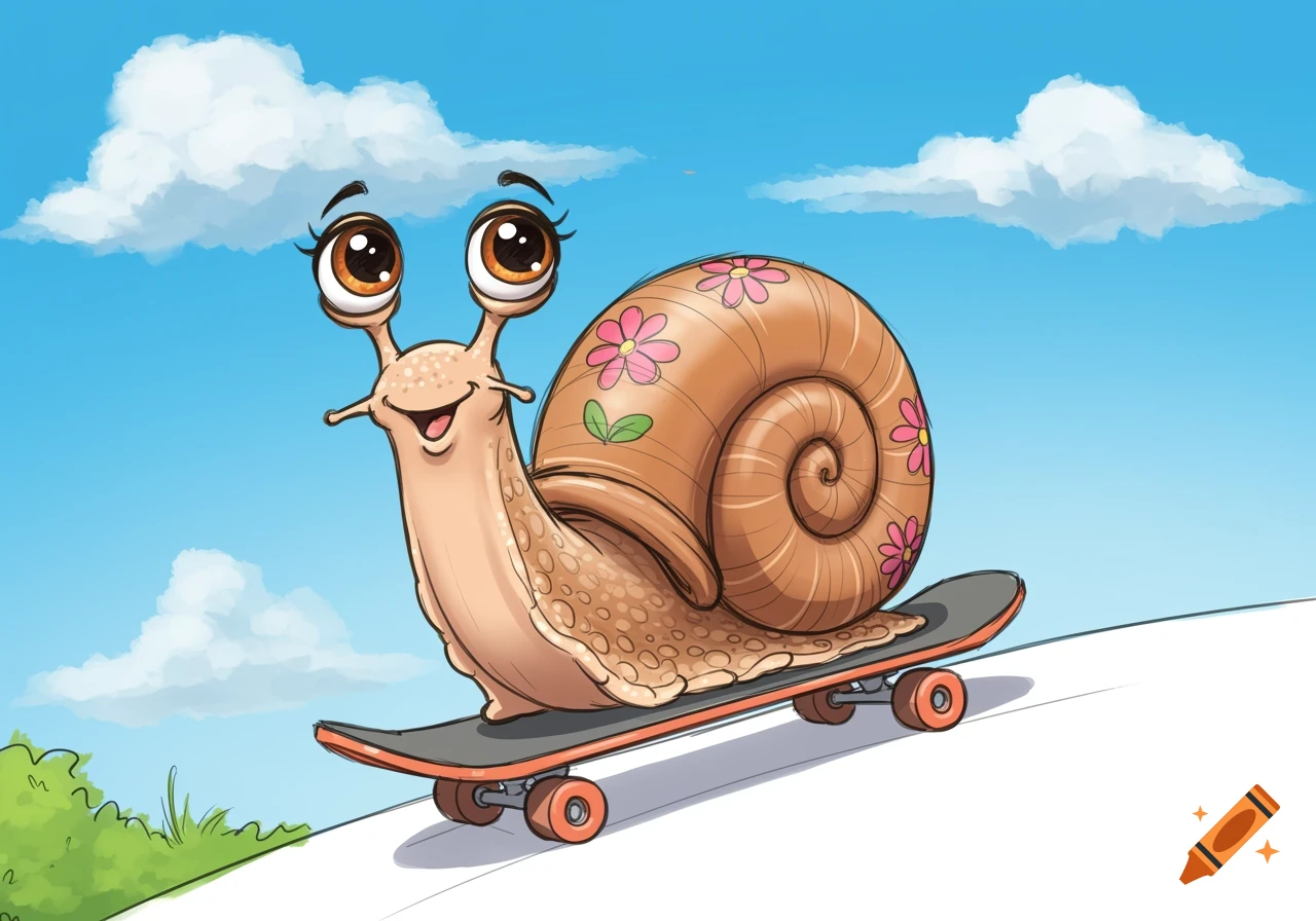A cute cartoon snail with big eyes and a friendly smile rides a skateboard down a slope in a whimsical illustration.
